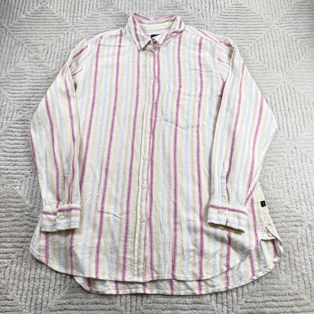 GAP Striped Linen Blend Button Shirt Womens L Multi Color Coastal Beachy Preppy